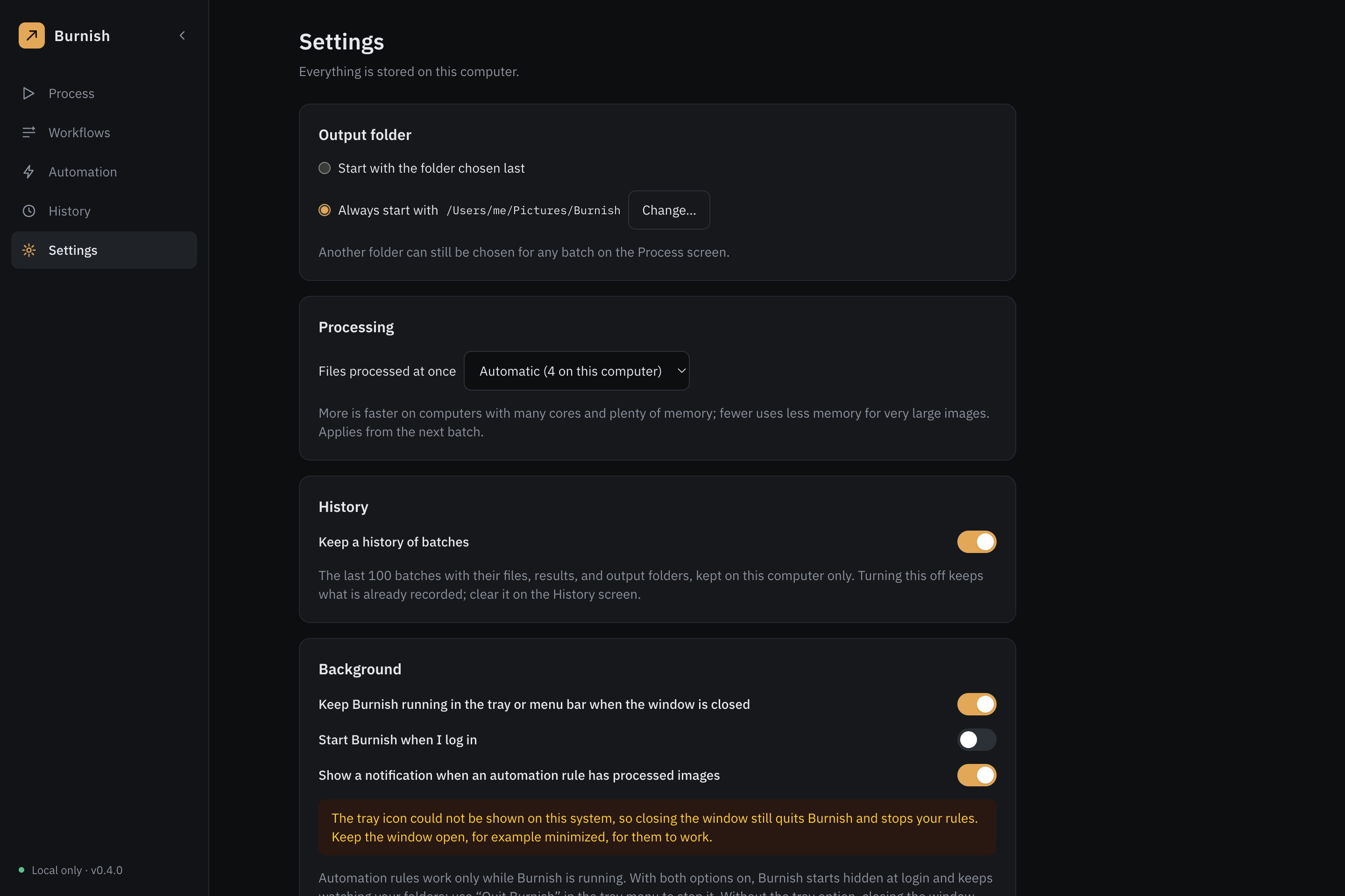 A tela Settings: pasta de saída, processamento, histórico e opções em segundo plano