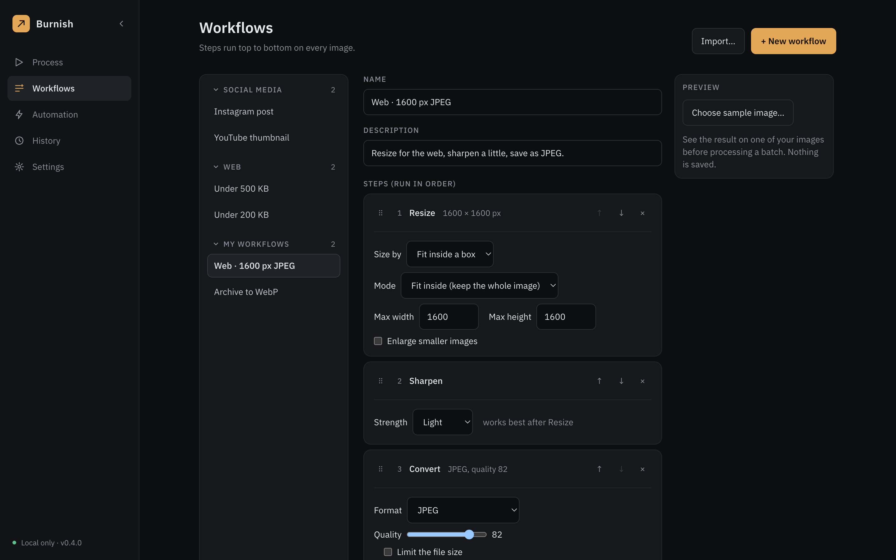 A tela Workflows: uma lista de fluxos de trabalho e as etapas de um deles, com suas opções